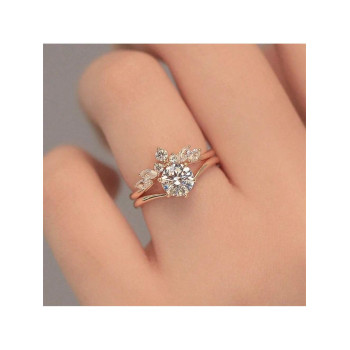 Ensemble De Bague Pour Couples Avec Design De Feuille Plaqué Or Rose De Mode Diamanté Pour Femme - 27114400