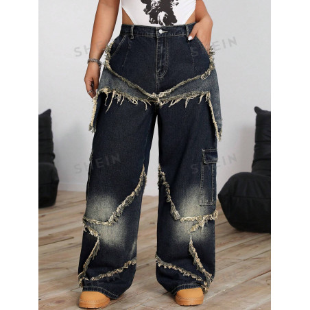 SHEIN ICON Jeans cargo larges décontractés, ample, à rayures avec poches et franges pour femme en grande taille - 38449641