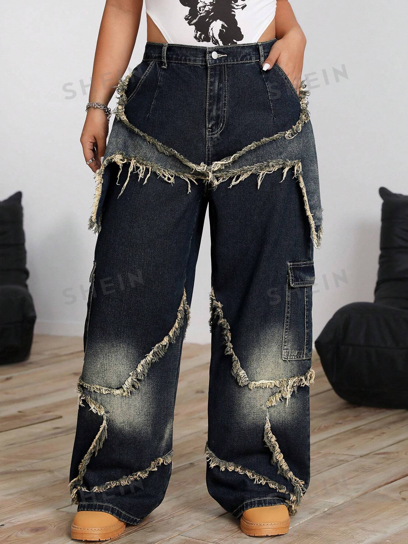 SHEIN ICON Jeans cargo larges décontractés, ample, à rayures avec poches et franges pour femme en grande taille - 38449641