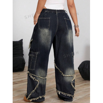 SHEIN ICON Jeans cargo larges décontractés, ample, à rayures avec poches et franges pour femme en grande taille - 38449641