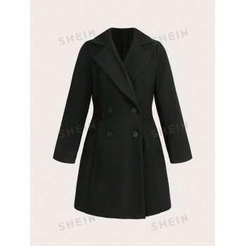 SHEIN Privé Manteau en laine à double boutonnage avec col rabattu de couleur unie, style décontracté, pour l'automne/l'hiver - 40126822