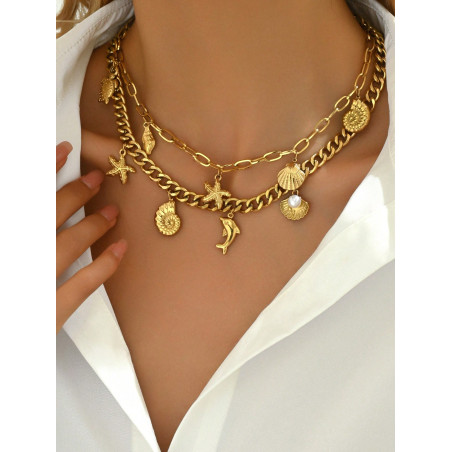 1 pièce Collier épais en acier inoxydable plaqué or 18K à la mode avec des éléments océaniques pour femmes - 37030001