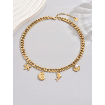 1 pièce Collier épais en acier inoxydable plaqué or 18K à la mode avec des éléments océaniques pour femmes - 37030001