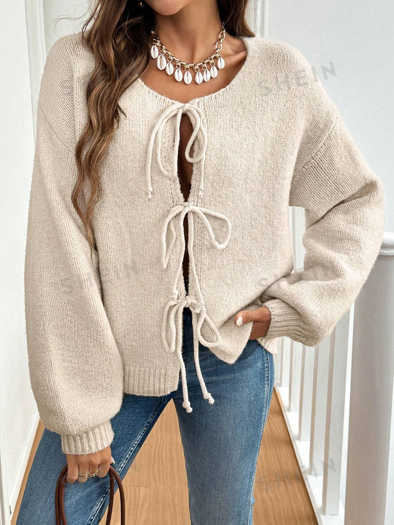 SHEIN Frenchy Cardigan ouvert à manches longues noué unicolore pour femme, de couleur unie. - 37646934