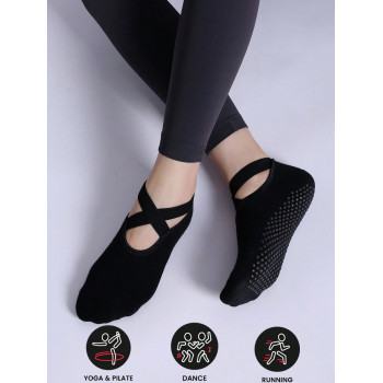 1 paire de chaussettes de yoga noires pour sports de plein air, avec orteil rond, douces, confortables, chaudes, fond en tissu-éponge, brides croisées, chaussettes Pilates antidérapantes - 18637922