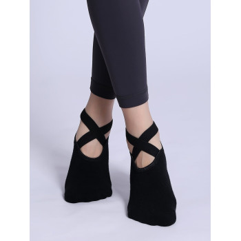 1 paire de chaussettes de yoga noires pour sports de plein air, avec orteil rond, douces, confortables, chaudes, fond en tissu-éponge, brides croisées, chaussettes Pilates antidérapantes - 18637922