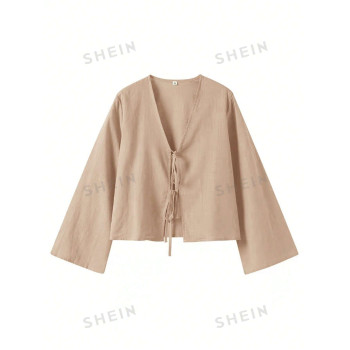 SHEIN VCAY Blouse ample régulière pour femme, manches évasées, couleur unie, tissu tressé, style loisir - 38896937