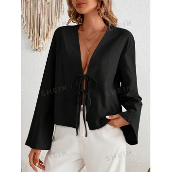 SHEIN VCAY Blouse ample à manches longues évasée unicolore tissée pour femmes - 39119157