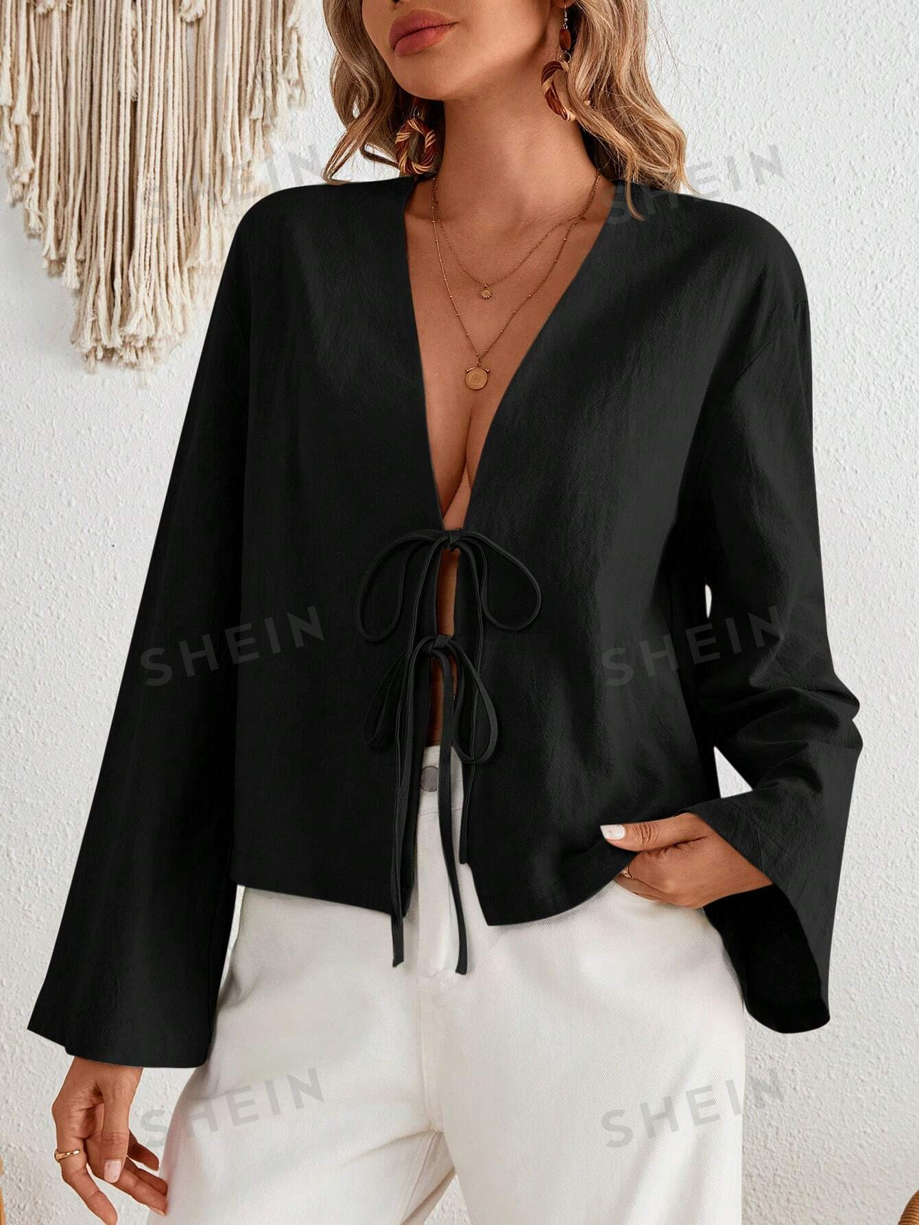 SHEIN VCAY Blouse ample à manches longues évasée unicolore tissée pour femmes - 39119157