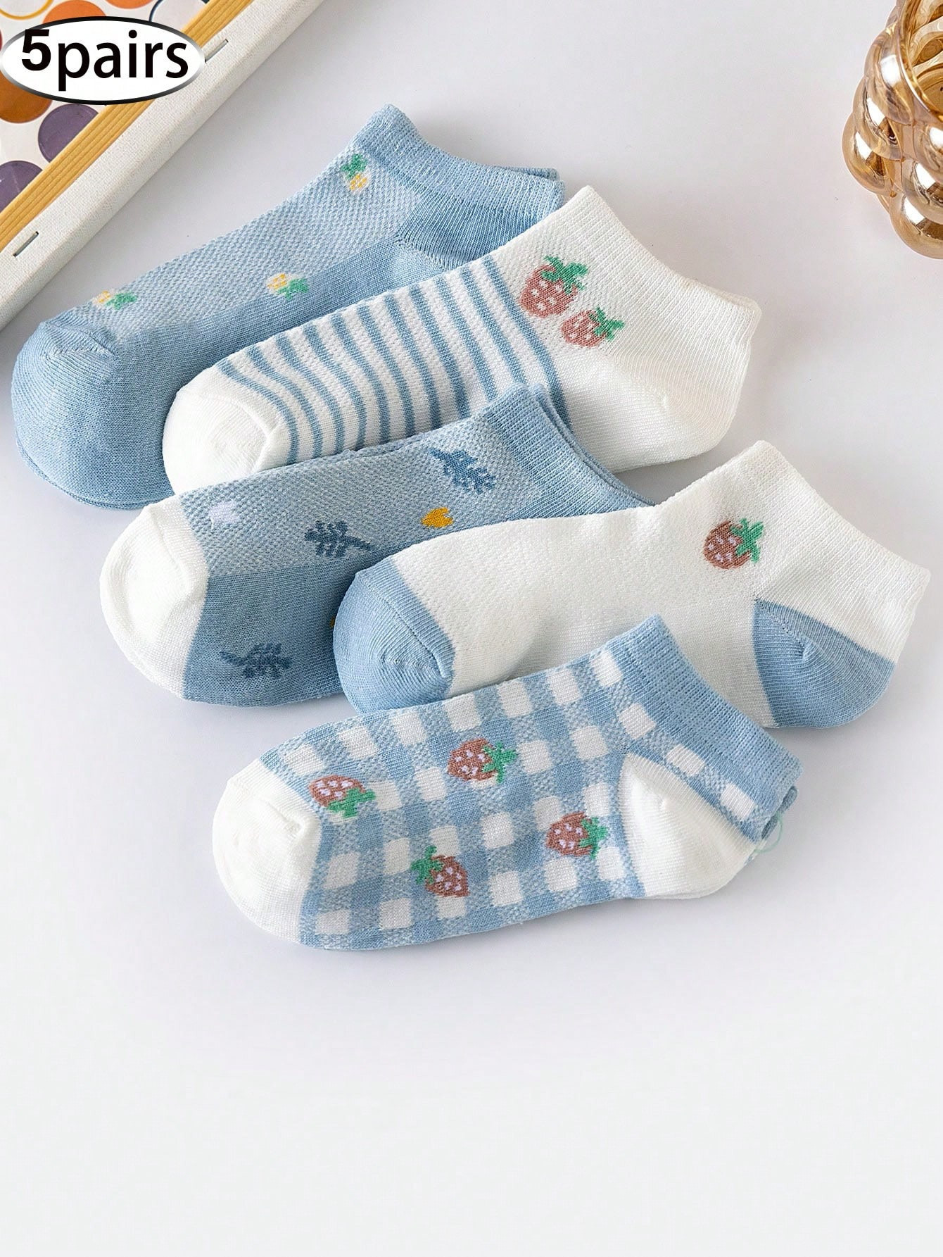 5 paires Chaussettes montantes pour hommes avec motif fraise mignon - 39893456