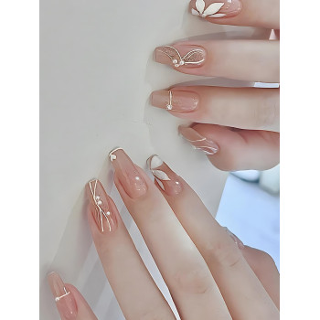 Mettez à niveau votre look avec le kit de faux ongles de 24 pièces pour femmes et filles. Il s'agit de longs ongles imprimés de fleurs avec perles fac à compléter votre look. - 17252734