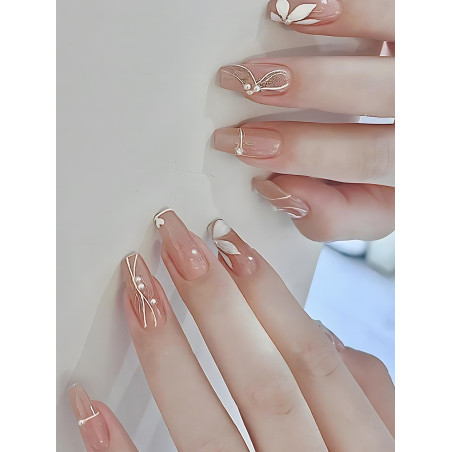 Mettez à niveau votre look avec le kit de faux ongles de 24 pièces pour femmes et filles. Il s'agit de longs ongles imprimés de fleurs avec perles fac à compléter votre look. - 17252734