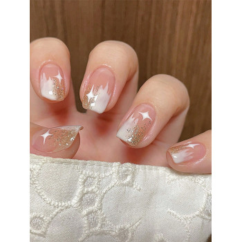 24 pièces Ongles faux carrés de longueur moyenne avec design nuage dégradé et étoile, style simple et élégant pour femmes pour usage quotidien, rendez-vous, thé l'après-midi, bureau, convient pour les filles - 38452225