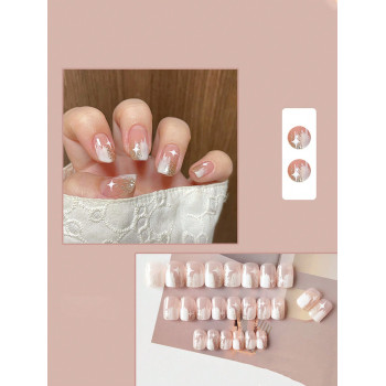 24 pièces Ongles faux carrés de longueur moyenne avec design nuage dégradé et étoile, style simple et élégant pour femmes pour usage quotidien, rendez-vous, thé l'après-midi, bureau, convient pour les filles - 38452225