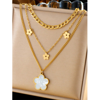 1 pièce Collier à chaîne en acier inoxydable avec pendentif en fleur de coquillage brillant et de style rétro à couches multiples - 37581720