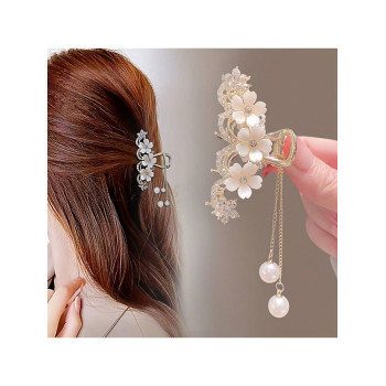 1 pièce Pince à griffe décorative élégante et douce de style frais avec camélia, franges, pierres de strass et perle en forme de goutte d'eau, accesso et accessoire pour des photos - 35787730