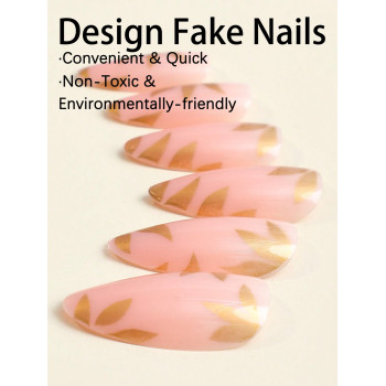 24PCS Faux ongles en amande moyens feuilles dorées Faux ongles français minimalistes pour femmes et filles. Accessoires pour ongles pressés - 26221946