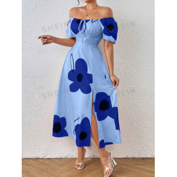 SHEIN Privé Robe à imprimé floral avec épaules dénudées, nœud sur le devant et fente sur la cuisse - 37777097