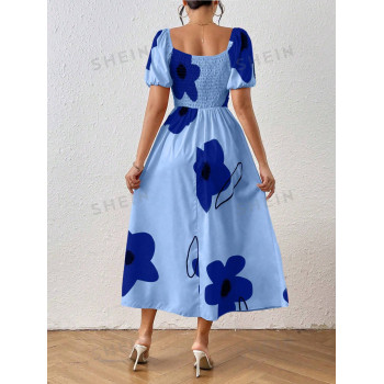 SHEIN Privé Robe à imprimé floral avec épaules dénudées, nœud sur le devant et fente sur la cuisse - 37777097