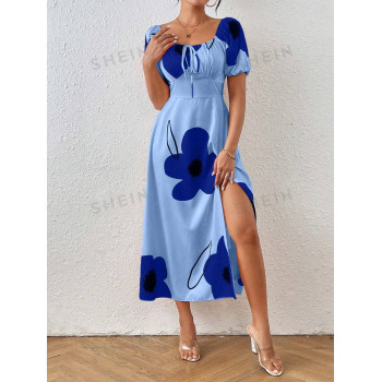 SHEIN Privé Robe à imprimé floral avec épaules dénudées, nœud sur le devant et fente sur la cuisse - 37777097