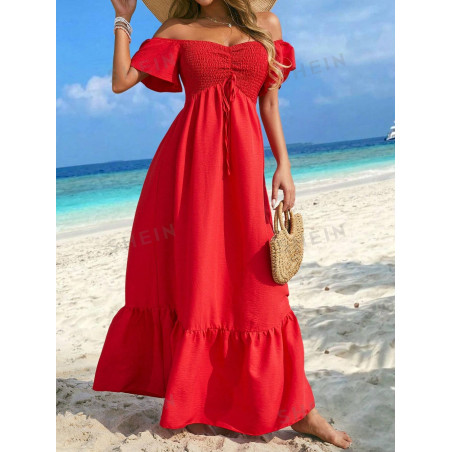 SHEIN VCAY Robe À Épaules Dénudées Pour Dames, Couleur Unie Avec Noeud - 29263216