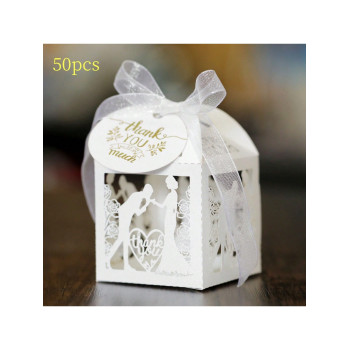 50 pièces/paquet Blanc Mariage Boîtes Avec Ruban Et Thank You Étiquettes , À Détails Ajourés romance Cœur & rose Bonbons Boîte À Cadeau Pour Anniversaire , La Saint-Valentin , Fête Décoration - 23492898