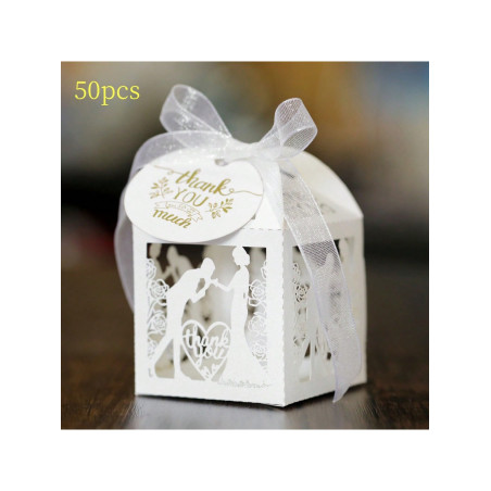 50 pièces/paquet Blanc Mariage Boîtes Avec Ruban Et Thank You Étiquettes , À Détails Ajourés romance Cœur & rose Bonbons Boîte À Cadeau Pour Anniversaire , La Saint-Valentin , Fête Décoration - 23492898