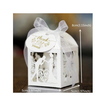 50 pièces/paquet Blanc Mariage Boîtes Avec Ruban Et Thank You Étiquettes , À Détails Ajourés romance Cœur & rose Bonbons Boîte À Cadeau Pour Anniversaire , La Saint-Valentin , Fête Décoration - 23492898