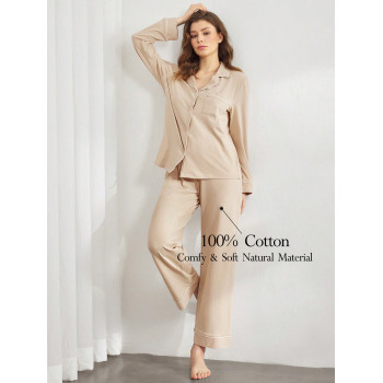 SHEIN Leisure Ensemble pyjama femme à col en V à manches longues et à boutonnage simple, avec haut et pantalon pour la maison - 33926842