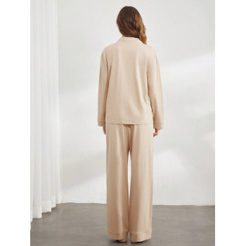 SHEIN Leisure Ensemble pyjama femme à col en V à manches longues et à boutonnage simple, avec haut et pantalon pour la maison - 33926842