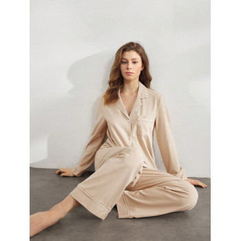 SHEIN Leisure Ensemble pyjama femme à col en V à manches longues et à boutonnage simple, avec haut et pantalon pour la maison - 33926842