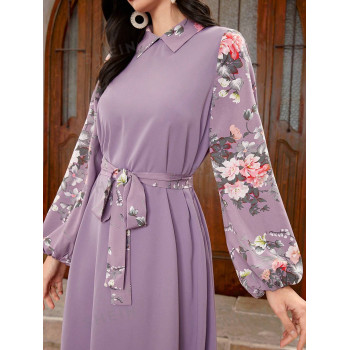 SHEIN Mulvari Robe Ceinturée À Manches Ballon Et Imprime Floral Pour Femmes - 28559936