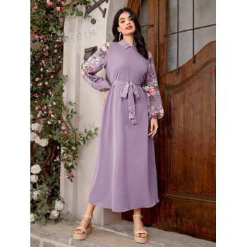 SHEIN Mulvari Robe Ceinturée À Manches Ballon Et Imprime Floral Pour Femmes - 28559936