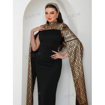 SHEIN Modely Robe longue élégante pour soirée avec manches cape et col montant pour femmes - 29629555