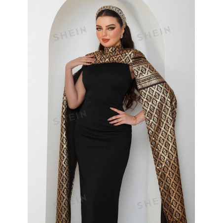 SHEIN Modely Robe longue élégante pour soirée avec manches cape et col montant pour femmes - 29629555