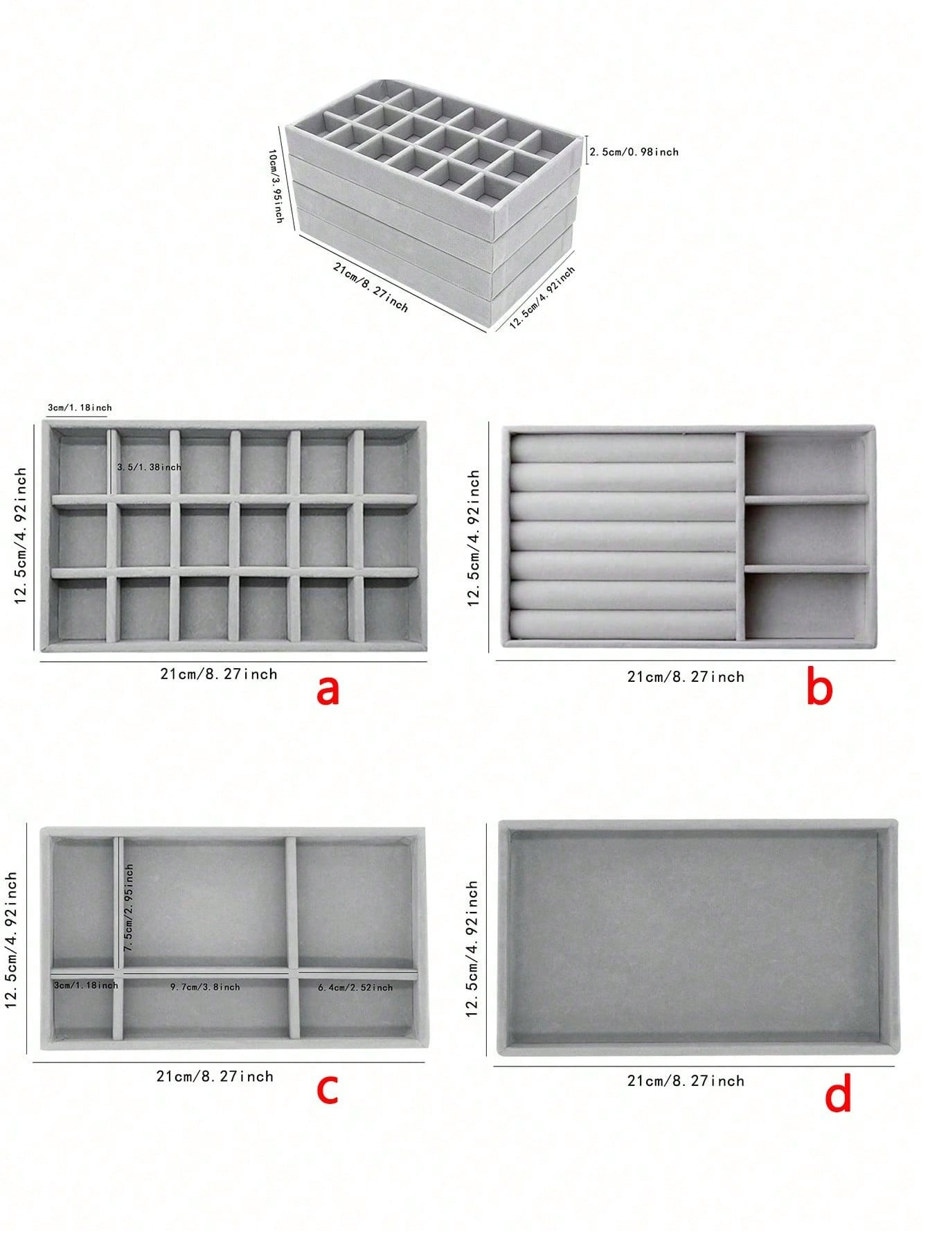 1/4 pièces Plateaux à bijoux empilables en velours, Plateau d'exposition de rangement de bijoux tout en velours pour tiroir, Boîte d'organisation pour boucles d'oreilles, colliers, bracelets, et bagues (Gris) - 35778913