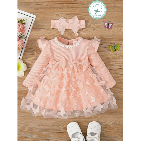 Ensemble de robe rose à manches longues en dentelle et en maille papillon pour nouveau-né fille, belle princesse pour les fêtes de printemps et d'automne - 34329319