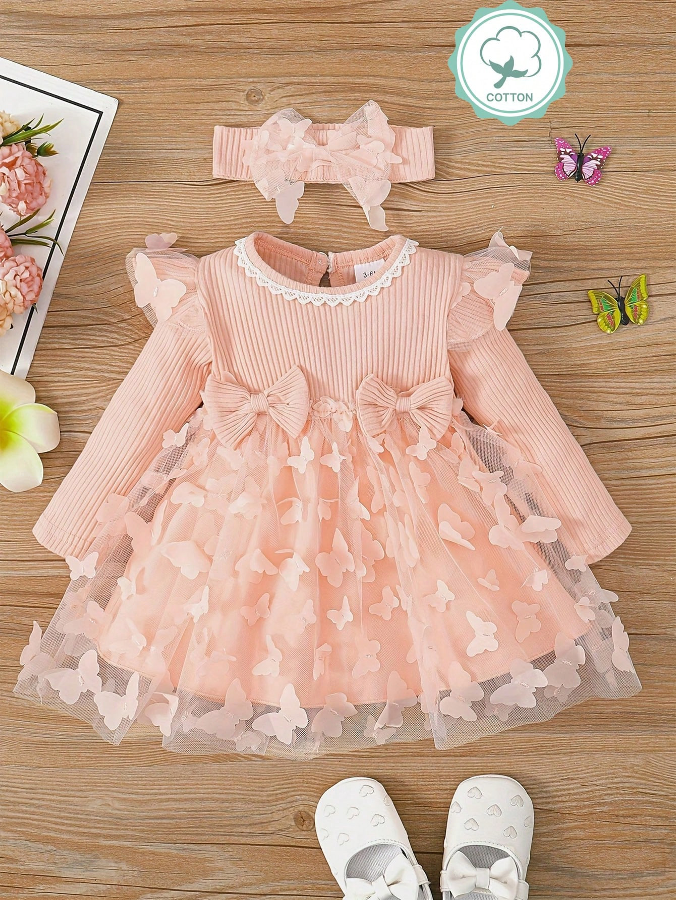 Ensemble de robe rose à manches longues en dentelle et en maille papillon pour nouveau-né fille, belle princesse pour les fêtes de printemps et d'automne - 34329319