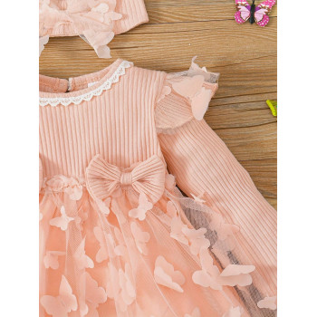 Ensemble de robe rose à manches longues en dentelle et en maille papillon pour nouveau-né fille, belle princesse pour les fêtes de printemps et d'automne - 34329319