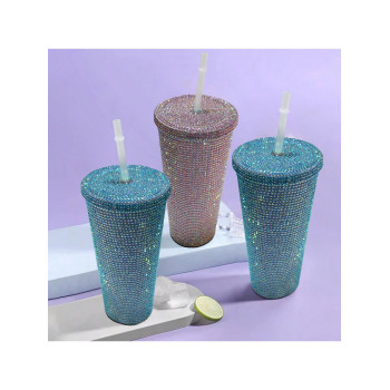 1 Pièce Créatif Tasse À Boire Froide En Plastique À Double Couche Avec Décoration En Strass, Convient Pour Le Café, Le Thé, Les Smoothies, Etc. - 32240832