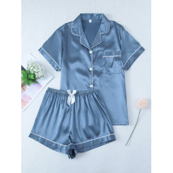 2 Pièces/ensemble Ensemble De Pyjama Bleu En Satin Comprenant Un Haut À Manches Courtes Et Col À Revers Et Un Short À Nœud Papillon Pour Femmes, Vêtements De Maison - 24225584