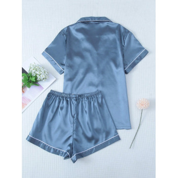 2 Pièces/ensemble Ensemble De Pyjama Bleu En Satin Comprenant Un Haut À Manches Courtes Et Col À Revers Et Un Short À Nœud Papillon Pour Femmes, Vêtements De Maison - 24225584