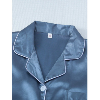 2 Pièces/ensemble Ensemble De Pyjama Bleu En Satin Comprenant Un Haut À Manches Courtes Et Col À Revers Et Un Short À Nœud Papillon Pour Femmes, Vêtements De Maison - 24225584