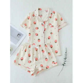 Ensemble pyjama d'été pour femmes, imprimé fraise, 2 pièces, haut à manches courtes boutonné et short, tenue d'intérieur décontractée d'été - 38319005