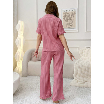 Ensemble pyjama femme col cranté en dentelle avec patchwork à manches courtes et long pantalon - 33702056