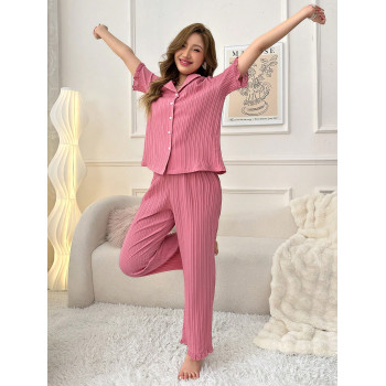 Ensemble pyjama femme col cranté en dentelle avec patchwork à manches courtes et long pantalon - 33702056