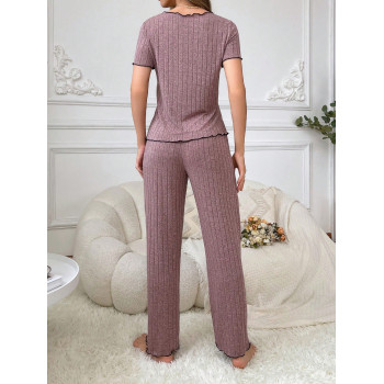 Ensemble de pyjama en tricot côtelé avec imprimé lettres Paris pour femmes - 32934659