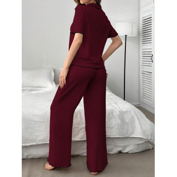 Ensemble pyjama pour femme avec haut à manches courtes à bordure contrastante brodée de cerises et pantalon long - 36107678