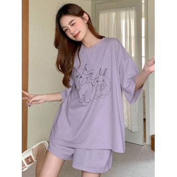 DAZY Ensemble de pyjama short à manches courtes avec imprimé de lapin mignon, coupe ample - 39278810