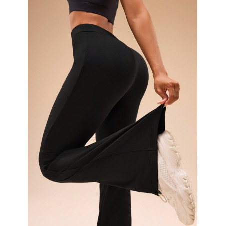 Pantalon évasé à taille haute et unicolore avec poches pour usage décontracté et fitness pour femmes - 40540406